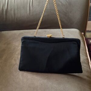 Vintage 50/60s Elegant Black Clutch with Gold Chain- immaculate